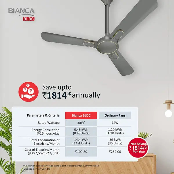 Havells Bianca 1200mm Energy Saving with Remote Control 5 Star Decorative BLDC Ceiling Fan Slate