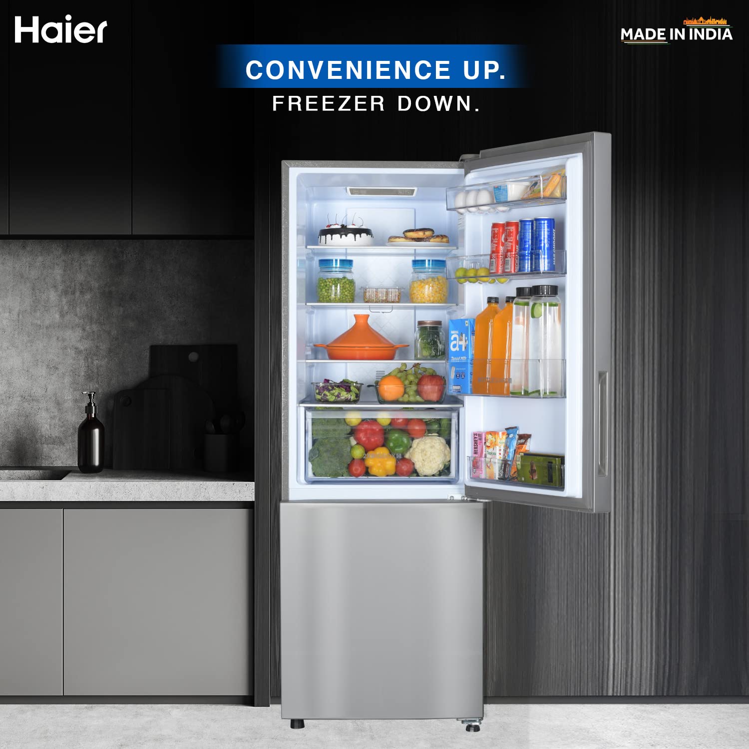 Haier 237L 3 Star Frost Free Inverter Double Door Bottom Mount Refrigerator (HEB-243GS-P, Moon Silver, Convertible)