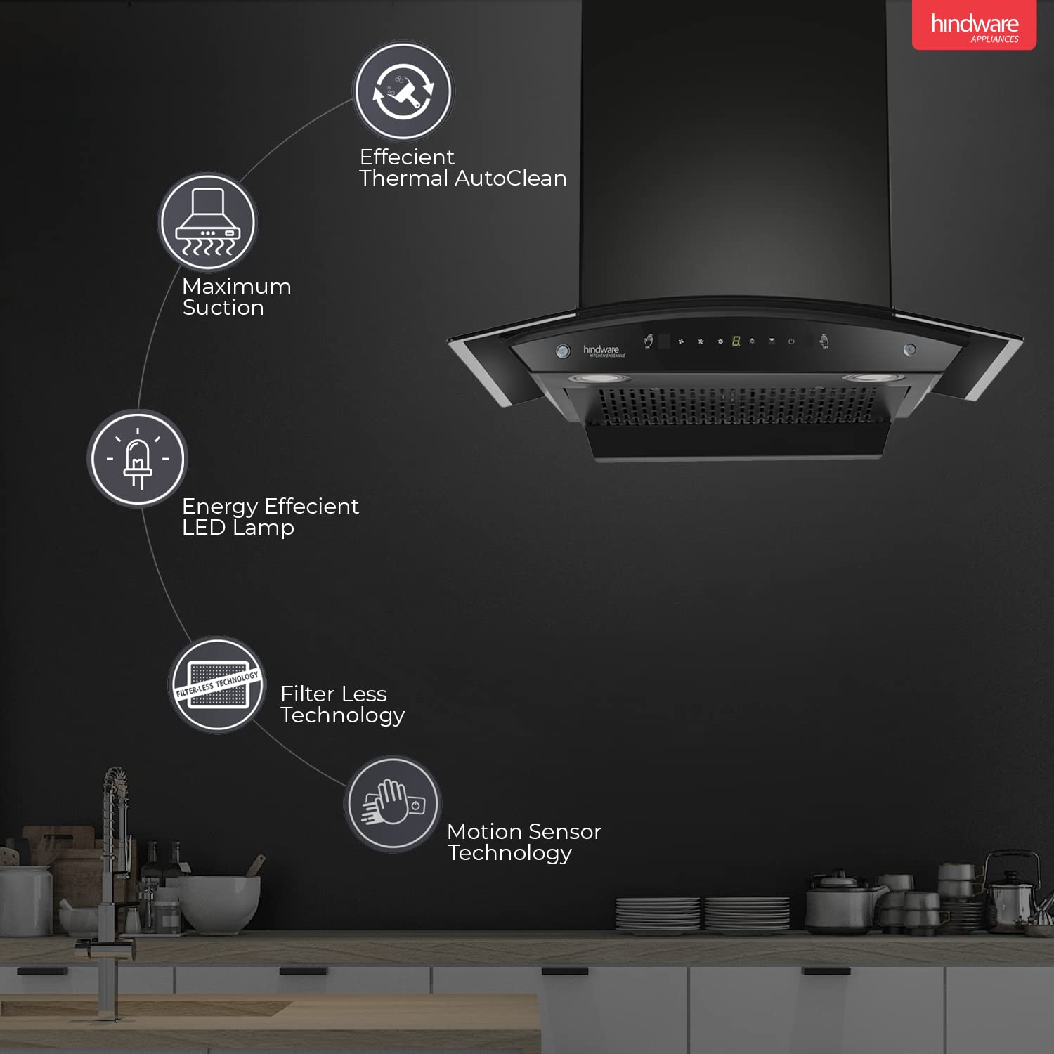 Hindware Smart Appliances Amyra 75 cm, 1200 m³/hr* Stylish Filterless Auto-Clean Wall Mounted Chimney for Kitchen with Motion Sensors, Touch Control and LED Lamps (Black)