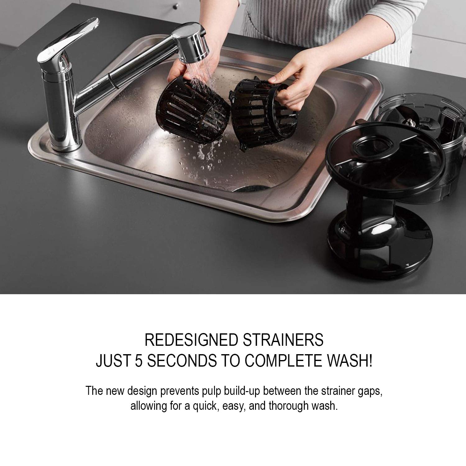 Hurom H-100 Cold Press Slow Juicer Series, 43 RPM, 150 Watts Energy Efficient Motor, all-new 100% Rust-Free Strainers For Fast And Thorough Cleaning, Patented Pulp Adjustor Titanium Grey