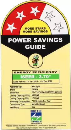 Power Savings Guide energy label for Daikin FTHT35 split AC showing 3 stars and ISEER rating