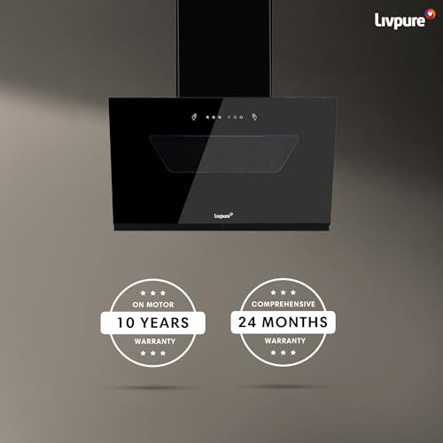Livpure Emerald-Neo-90 1400 m3/hr Slant |Filterless Auto-Clean Kitchen Chimney with oil collector|10 Year Warranty On Motor (2 Year Comprehensive), (Touch And Gesture Control, Black)