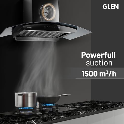 GLEN 90 cm 1500m3/hr Auto-Clean Filterless Curved Glass Kitchen Chimney With Motion Sensor+Touch Controls (Senza Turbo Black)