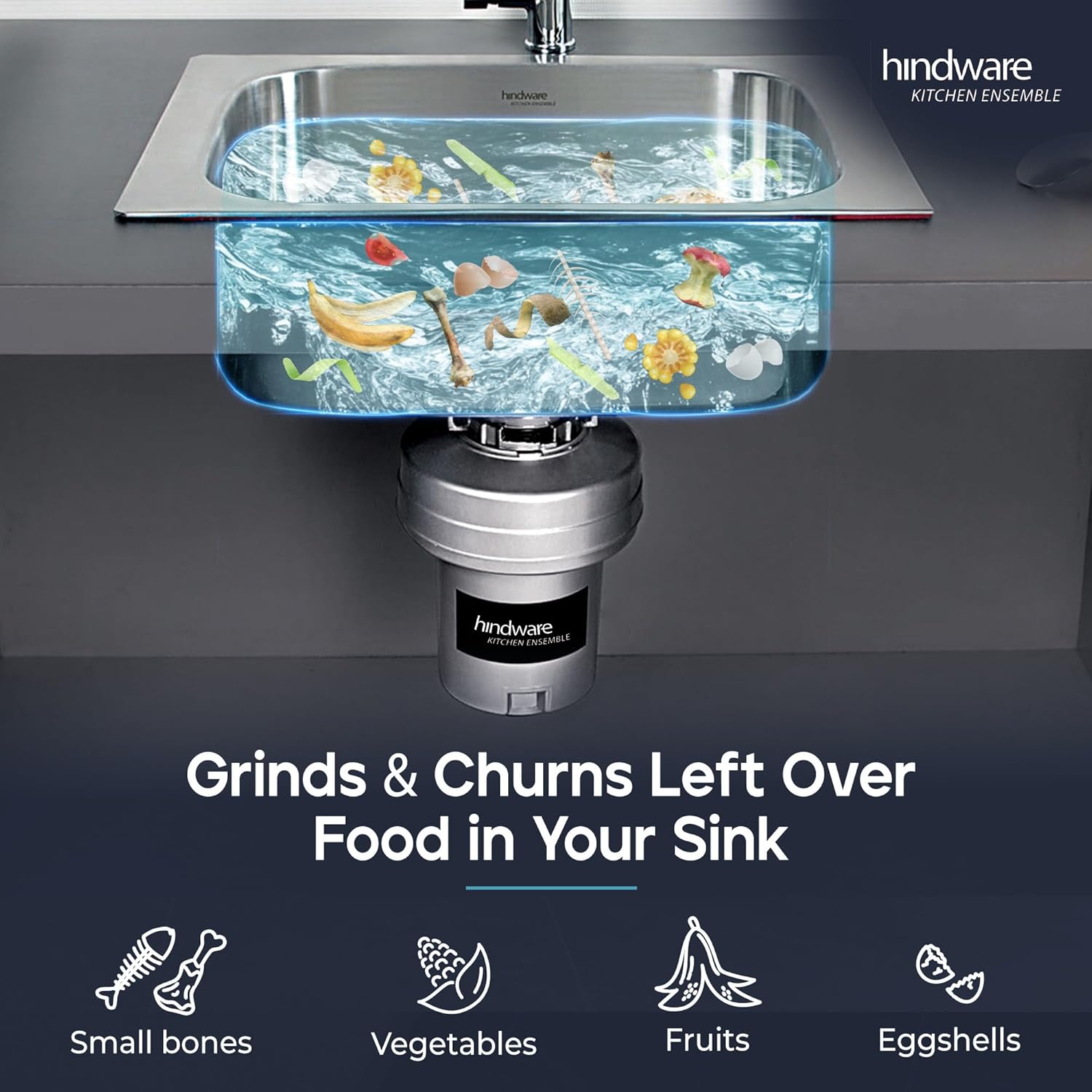 Hindware FWD-04 Food Waste Disposer/Crusher | Standard-0.5HP | Powerfull Motor-2600 RPM | Low Noise | Corrosion-Proof & Wear-Resistant Stainless Steel
