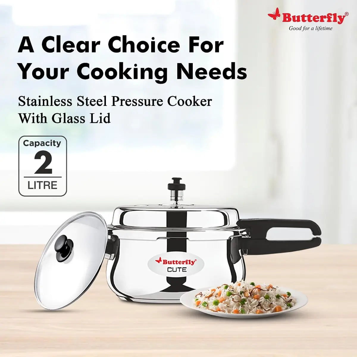 Butterfly Cute SS Induction Compatible Outer Lid Stainless Steel Pressure Cooker with Glass Lid 2 Ltr, Silver