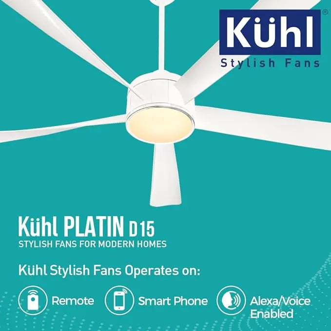 KUHL Platin D15 Stylish BLDC Fan | Low Power 30W | High Air Flow | 5 Aerodynamic ABS Blades Down Light | 1200 mm sweep | Operate on Remote-Mobile-Alexa | Reverse Mode |5 Star Rated|White