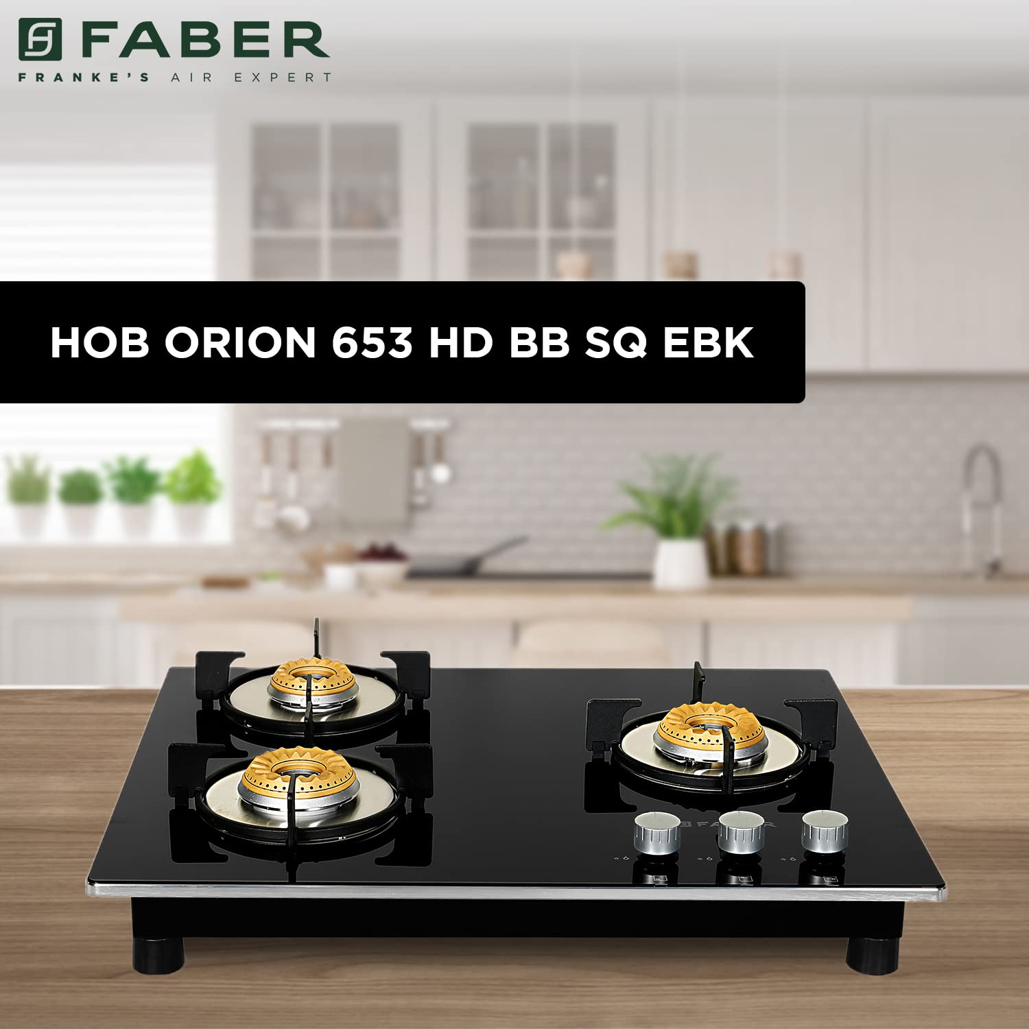Faber 3 Burner Hobtop, High Performance SABAF Brass Burner, 65 cm (HOB Orion 653 HD BB SQ EBK) Auto Ignition, Black