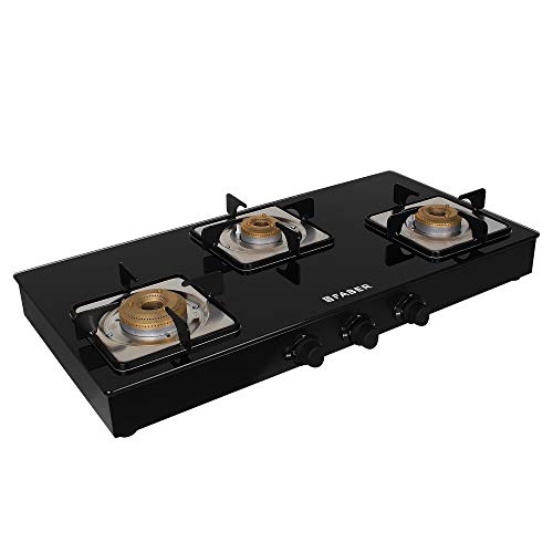Faber Mild Steel Marvellous Glass Top 3 Brass Burners Auto Ignition Gas Stove (3B Bk Ai, Black)