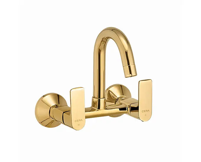 Cera F1016501FG Lustre Chelsea French Gold Finish Quarter Turn Wall Mounted Sink Mixer With 150 mm (6") Long Swivel Spout, Connecting Legs And Wall Flanges