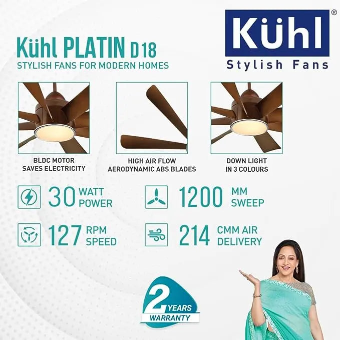 KUHL Platin D18 Stylish BLDC Fan | Low Power 30W | High Air Flow | 8 Aerodynamic ABS Blades | Low Noise | Down Light | 1200 mm sweep | Operate on Remote-Mobile-Alexa | Reverse Mode |5 Star Rated| Brow