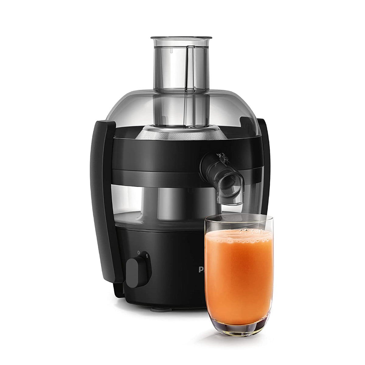 Philips Viva Collection HR1832/00 black centrifugal juicer with a glass of fresh orange juice in front