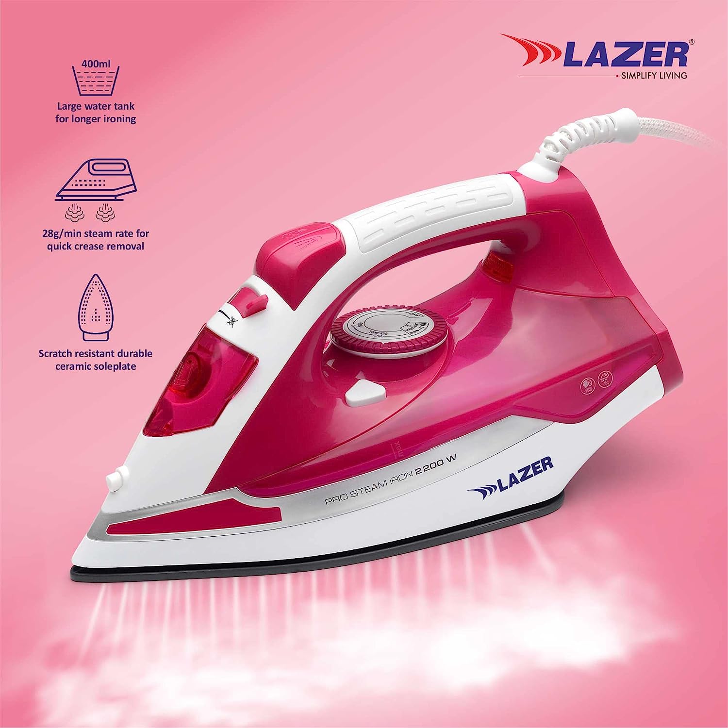 Lazer Imperial 2200W With Power Full Steam Burst, Scratch Resistant Durable Creamic Soleplate Steam Iron (Pink)