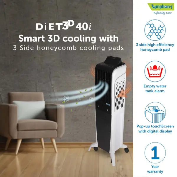Symphony Diet 3D 40i Tower Air Cooler 40-litres with Magnetic Remote (Black & White)