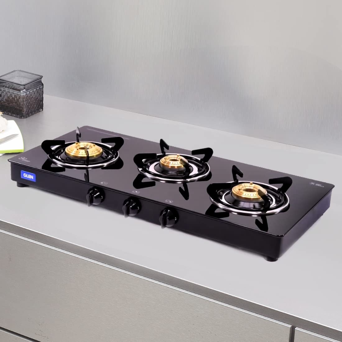 Glen 3 Burner Toughened Glass Top | LPG Gas Stoves with Fuel Efficient Brass Burners | Black | ISI Certified| Fixed Stainless Steel Drip Trays | 1033 GT BB BL (Auto Ignition)