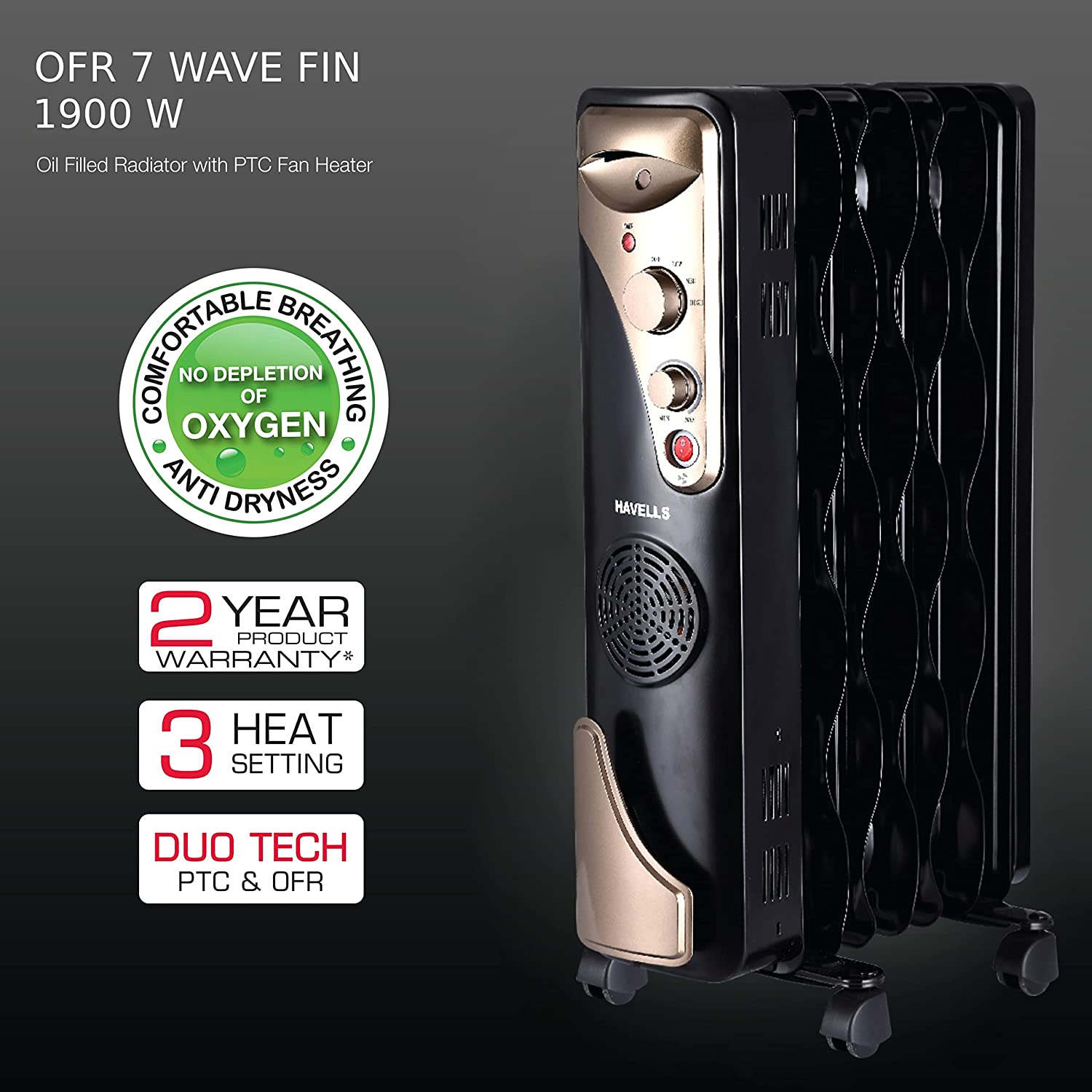 Havells OFR 7 Wave Fins with Fan 1900 watt (Black),GHROFBYK190
