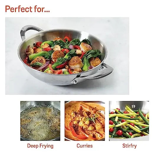 Meyer Select Stainless Steel Kadhai with Glass Lid Gas and Induction Compatible 70651 24cm Silver