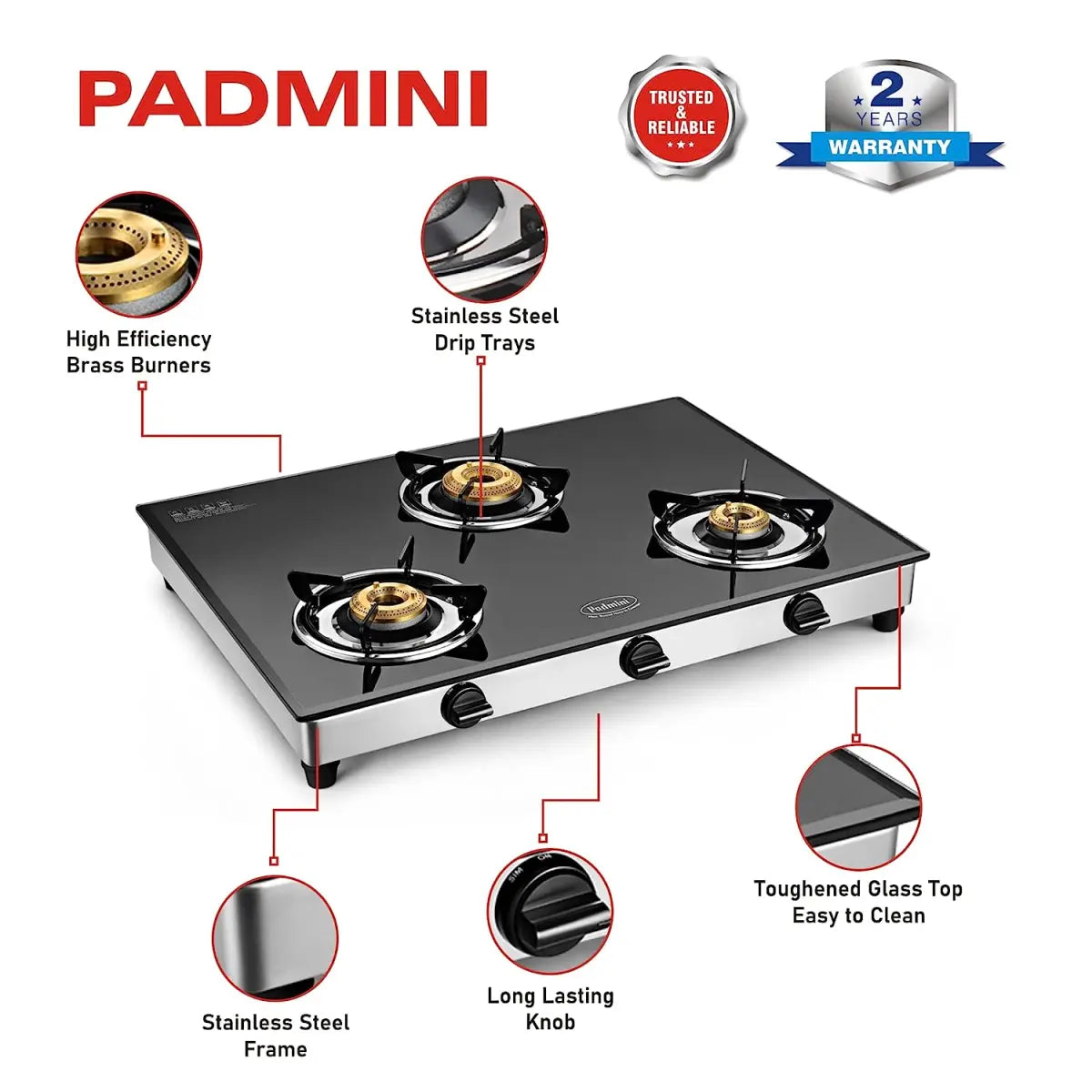 Padmini Three Burner Gas Stove - CS 321 GT XL Auto