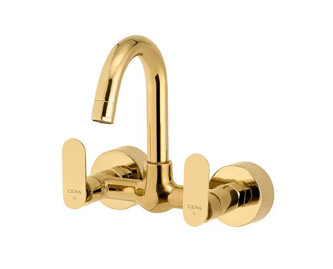 Cera F1018501FG Lustre Brooklyn French Gold Finish Quarter Turn Wall Mounted Sink Mixer With 150 mm (6") Long Swivel Spout, Connecting Legs And Wall Flanges