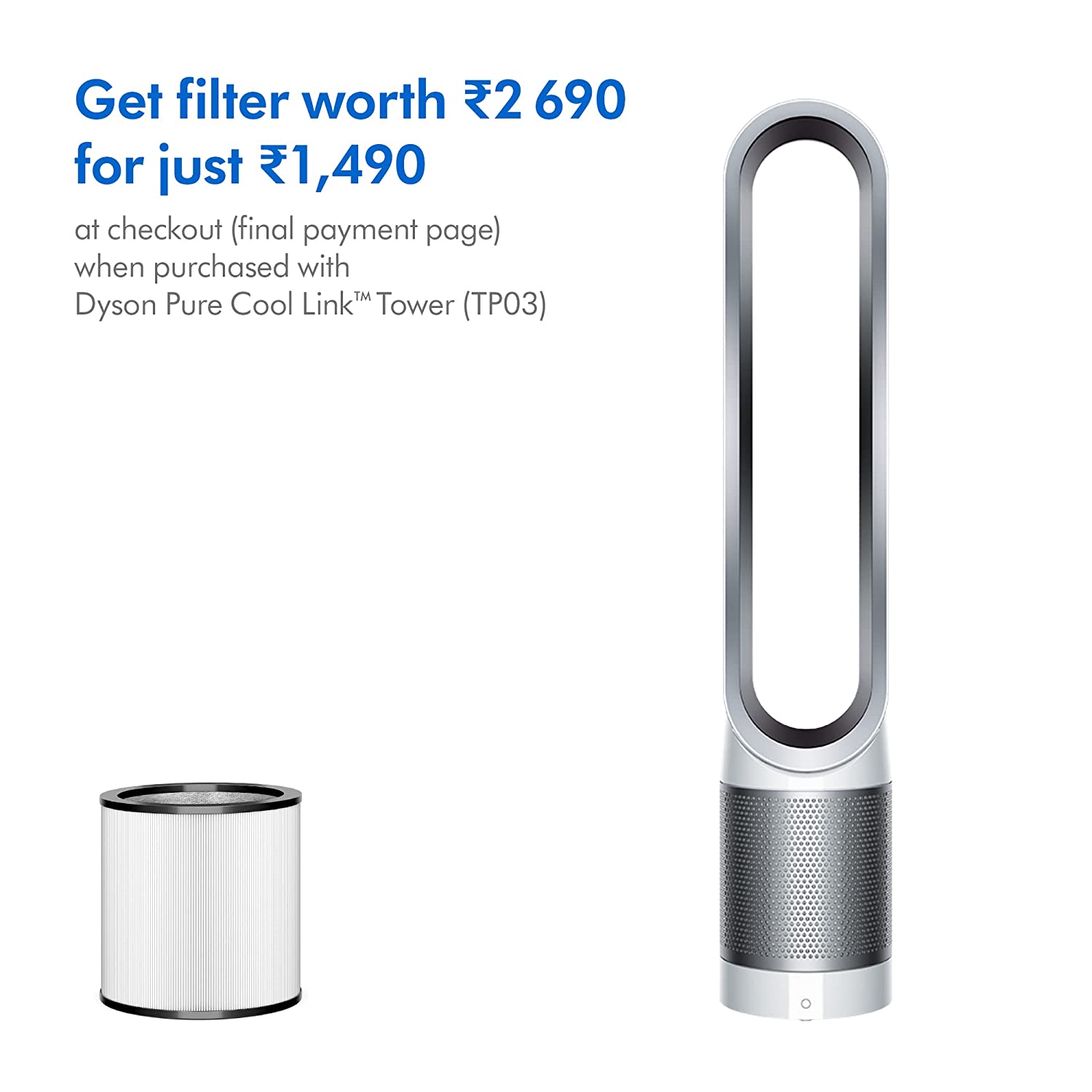 Dyson Pure Cool Link Air Purifier TP03 (White/Silver), Wi-Fi Enabled, Large, Activated Carbon