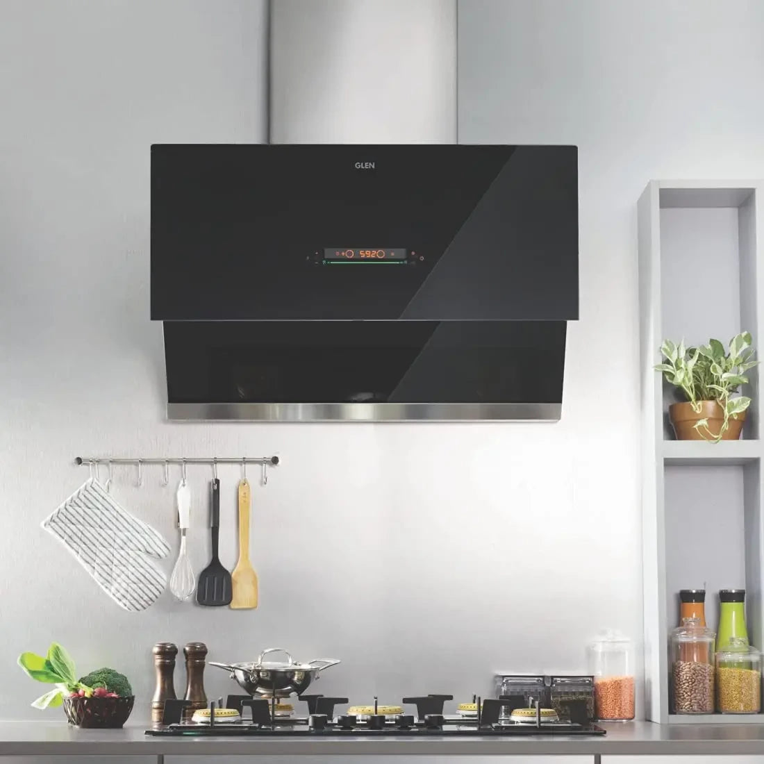 Glen 1400 m/h Auto Clean Vertical Glass Kitchen Chimney (6074,Filter Less,Touch Control with MS, Black) - 90 cm