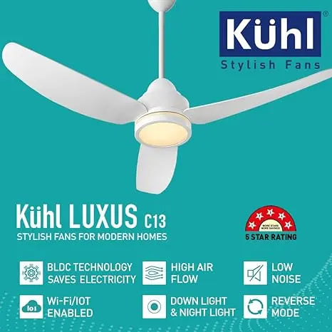 KUHL Stylish Fan Luxus C13 | 30W | BLDC Technology | 5-Star Rated | Operate on Remote-Mobile-Alexa | Night & Down Light |1200 mm sweep | Aerodynamic ABS 3 Blades | Reverse Mode | White (C13, White)