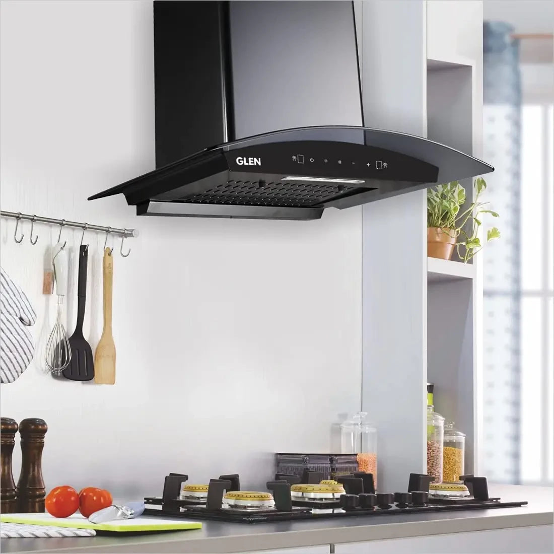 GLEN 60 cm 1050m3/hr Auto-Clean curved glass Kitchen Chimney Filterless Motion Sensor Touch Controls (Senza Black)