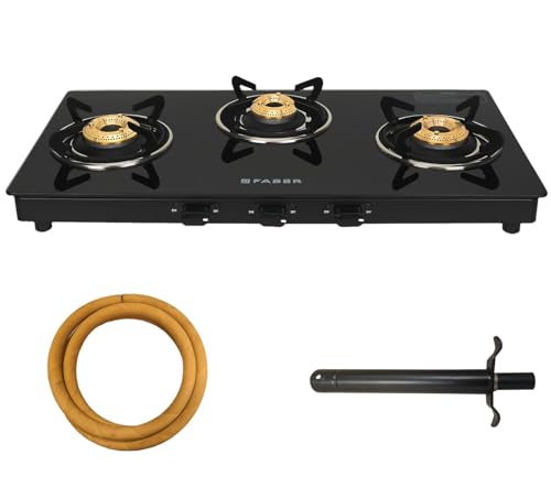 Faber 3 Burner Daisy Pro Cooktop | Free Hose Pipe & Piesco Lighter| Black Glass Top | Powder Coated Pan Support | Manual Ignition | Brass Burners | Cooktop Daisy PRO 3BB | 2 Yrs Comprehensive