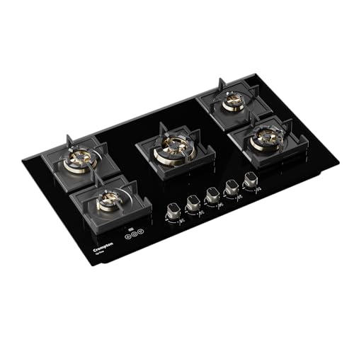 Crompton Optime 90 cm 5 Burners Built-in Glass HOB with Digital Timer, Full Brass Burners & 3D Flame Technology (HOB-OPFBTI900-MBL, Midnight Black)