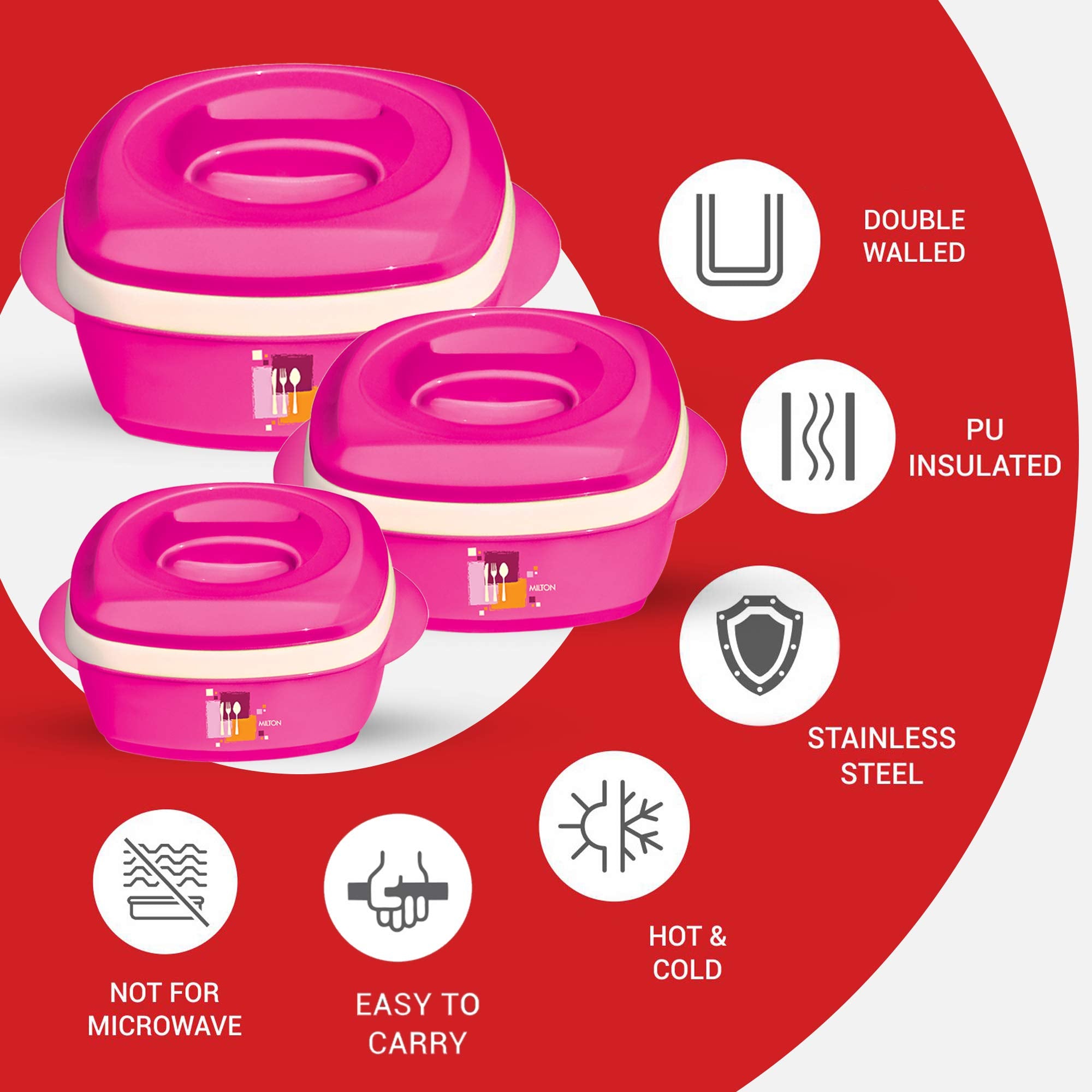 MILTON Milano Jr Insulated Inner Stainless Steel Casserole Gift Set of 3, Pink
