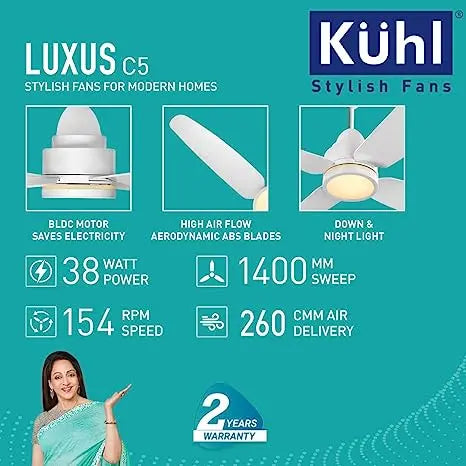 KUHL Luxus C5 Stylish BLDC Fan|Low Power 38W|High Air Flow |5 Aerodynamic ABS Blades|Low Noise |Night & Down Light |IoT Enabled |Operate Via Remote-Mobile-Alexa | Reverse Mode |5-Star Rated |White