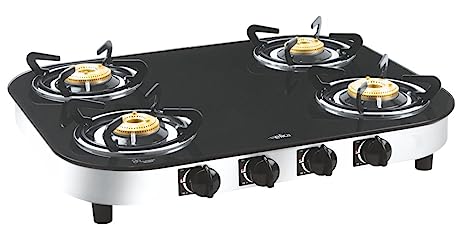 Elica Glass Top 4 Burner Gas Stove with Spill Proof Drip Tray (TURNO 654 CT DT VETRO, Stainless Steel +Glass)