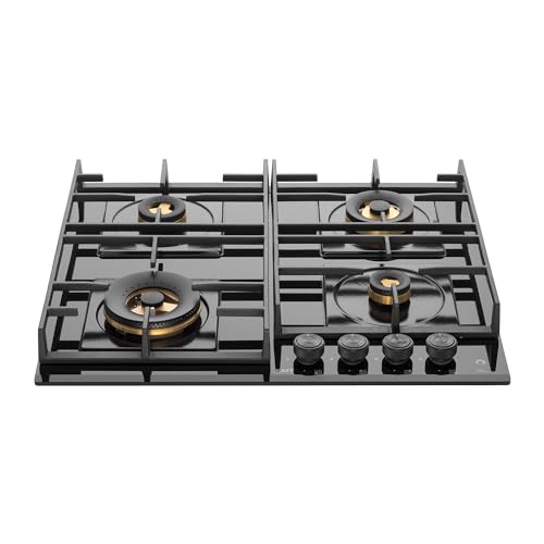 KAFF HBR 604 Built-in Hob/Hobtop 4 Burners, Auto Electric Ignition Glass Top, 60 CM, Powerful Brass Burners, 8 MM Thick Toughened Glass, Enamelled Matt Grills (Black)