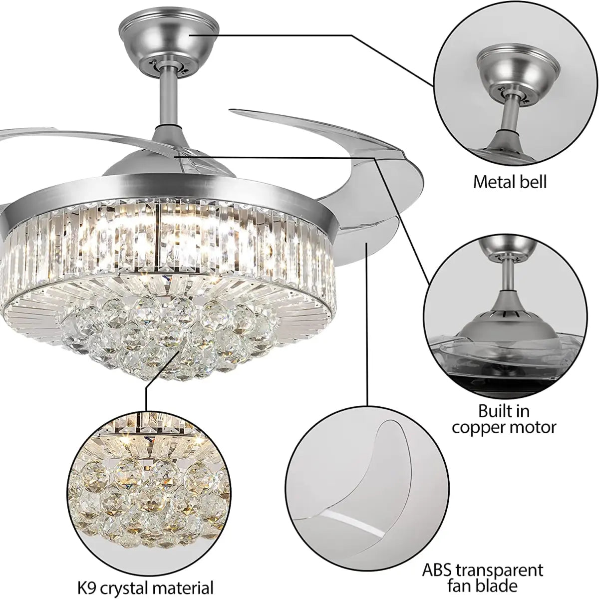 oltao Picola Silver Chandelier Fan with BLDC Motor, LED Light, Noiseless Retractable Blade, Summer/Winter mode And Remote