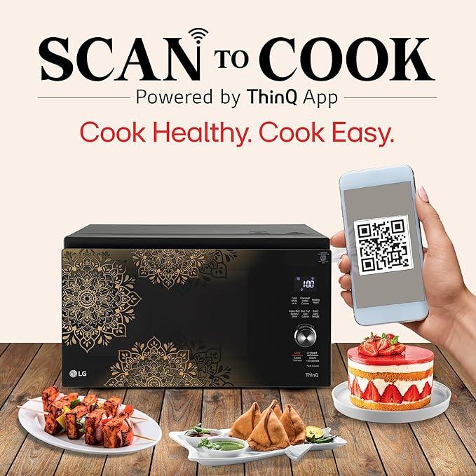 LG 32L Wi-Fi Charcoal Convection Microwave (MJEN326UIW) with Scan to Cook, Heart-Friendly Recipes & 360° Rotisserie - Black Regal Pattern
