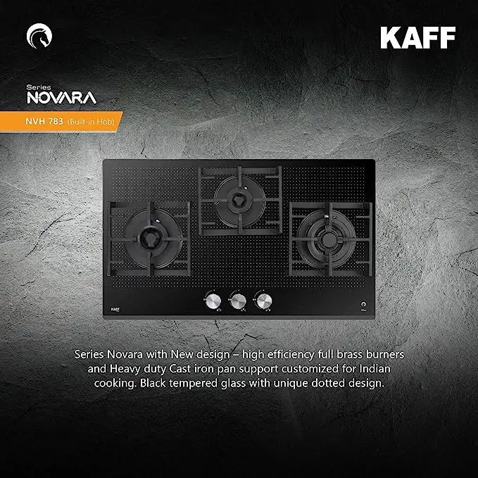 KAFF NVH 783 Built-in Hob, Series Milano, high-Efficiency hob with Full Brass Burners, Auto Electric Ignition, Designer metal knobs, Heavy duty Cast iron pan support, Black Tempered Glass