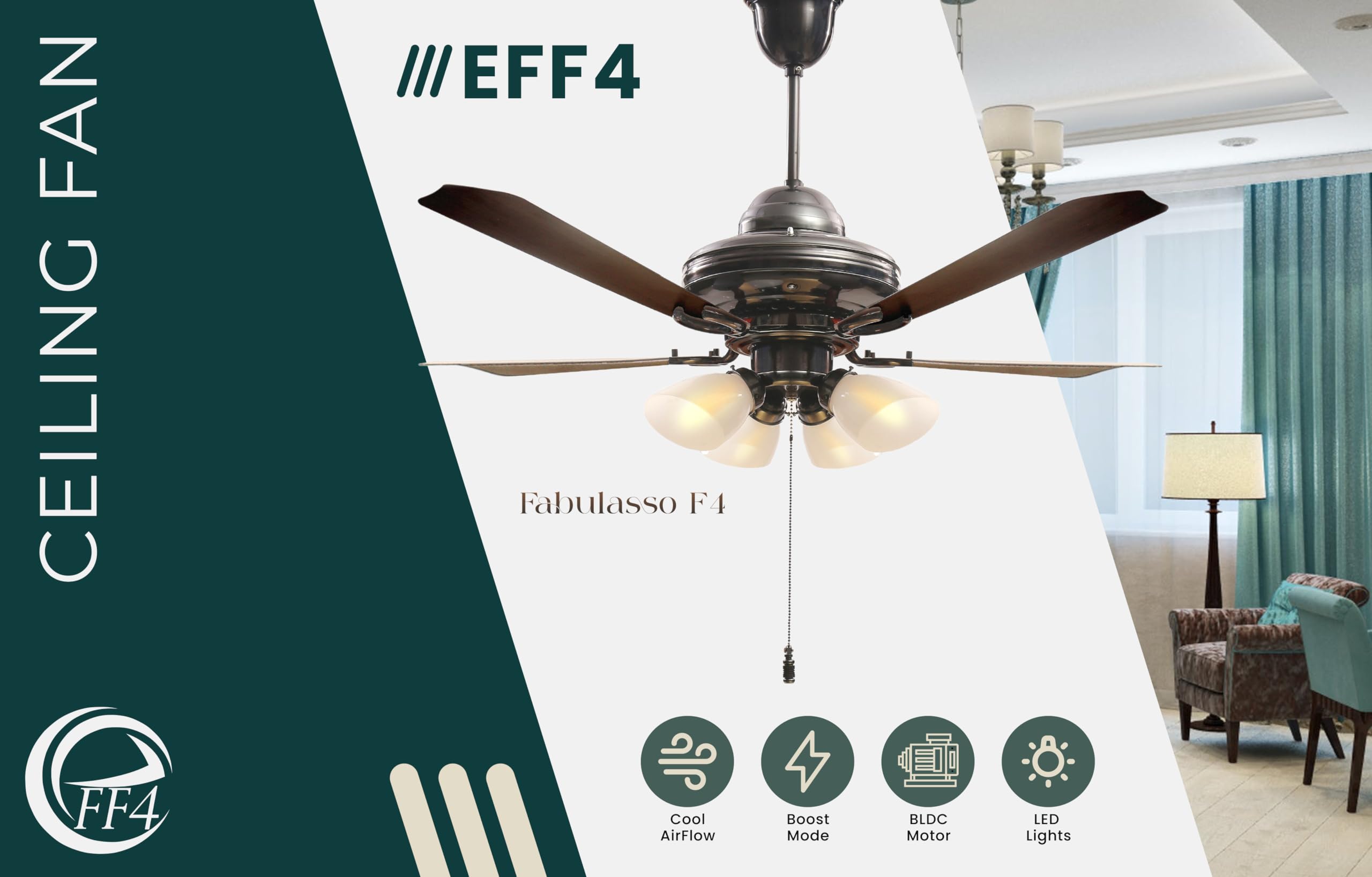 eFF4 Atom Power Saving Remote Ceiling Fan with BLDC Motor 1200 mm 4 Blade 4 Star (Rosewood) Decorative Fan with Lights - High Air Flow (2 Years Warranty)
