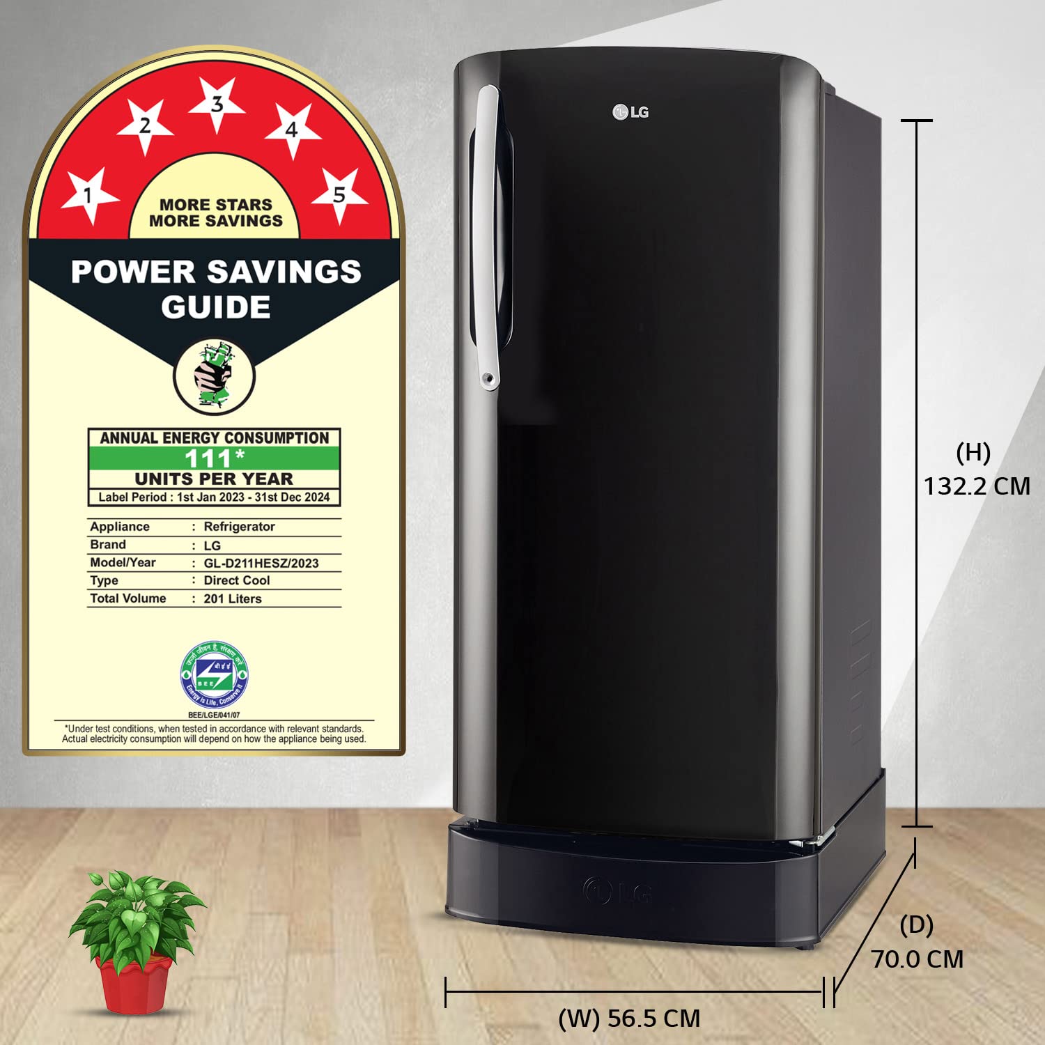 LG 201 L 5 Star Direct-Cool Inverter Single Door Refrigerator (GL-D211HESZ, Ebony Sheen, Base Stand with Drawer & Smart Connect, Gross Volume- 204 Ltr.)