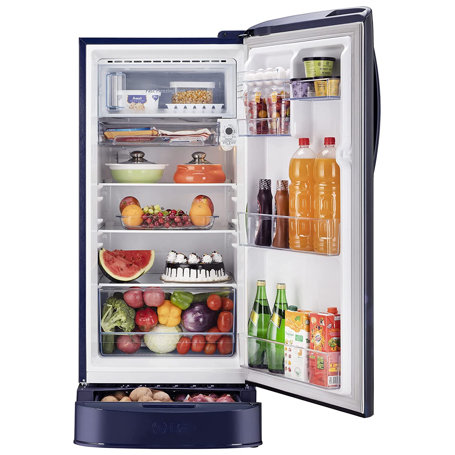 LG 204 L 5 Star Inverter Direct-Cool Single Door Refrigerator (GL-D211HBEZ, Blue Euphoria, Base stand with drawer & Fast Ice Making)