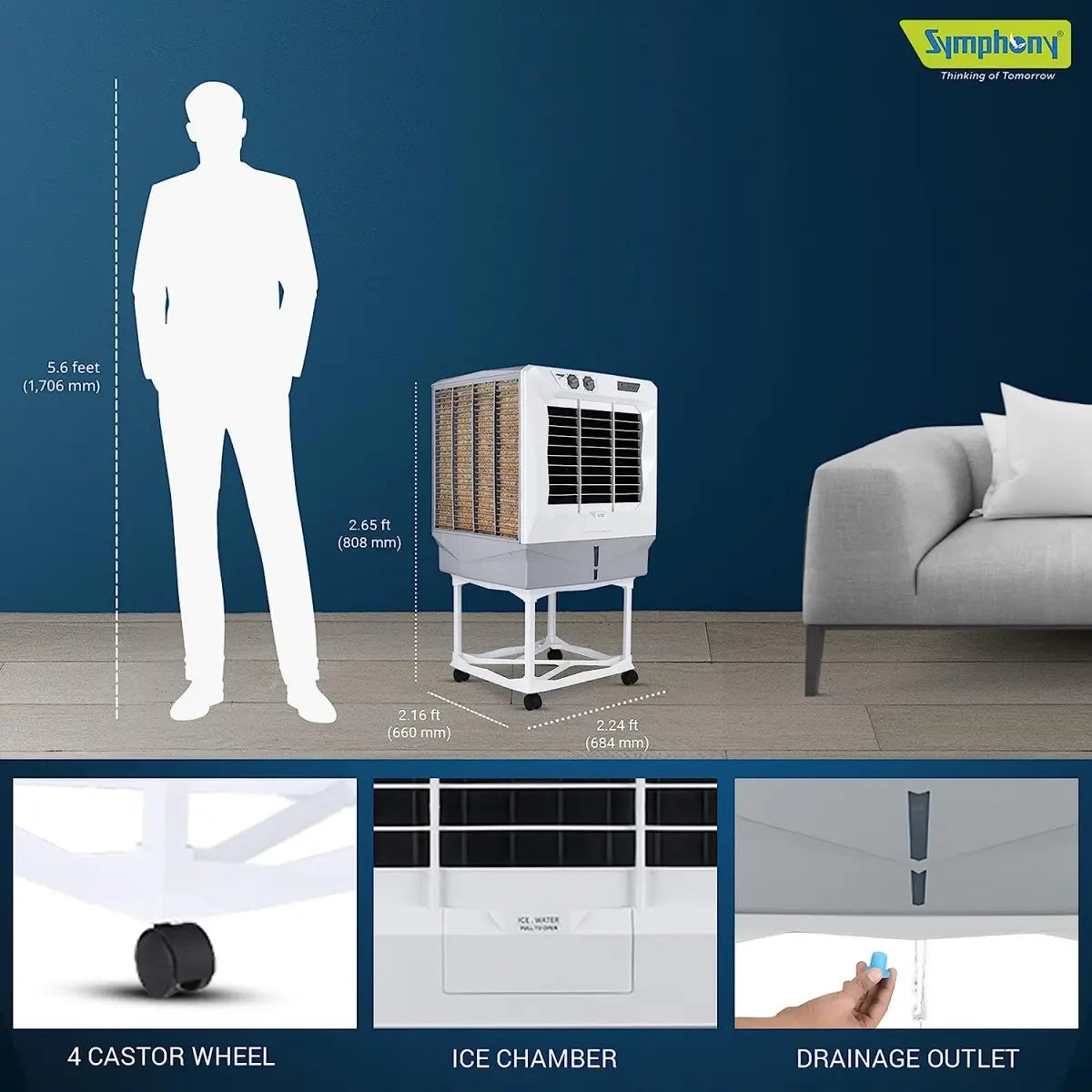 Symphony Jumbo 65+ Desert Air Cooler For Home with Aspen Pads, Powerful Fan, Cool Flow Dispenser and Free Trolley (61L, White)
