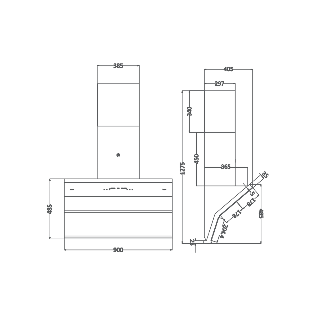 Kaff FALCON DX 90 chimney dimension drawing with front and side measurements in mm