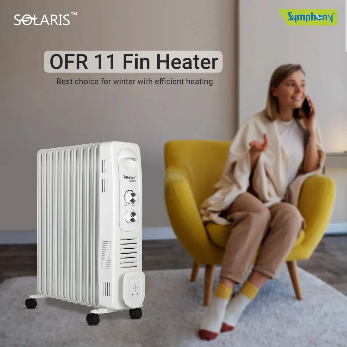 Symphony Solaris OFR 11 fin 2900W Room Heater for Home with Oil-filled radiator, 11 fins, and Multidirectional Heating (Off White)