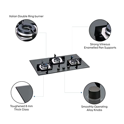 Glen 3 Burner Built in Glass Hob with Italian Double Ring Burners Auto Ignition, Black (1073 SQ IN)