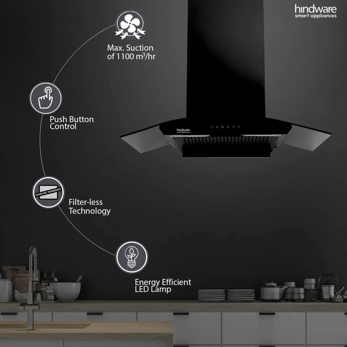Hindware Cambria 60cm 1100 m³/hr Stylish Filterless Auto-Clean Kitchen Chimney With Metallic Oil Collector, Glazed Finish (Curved Glass, Black)