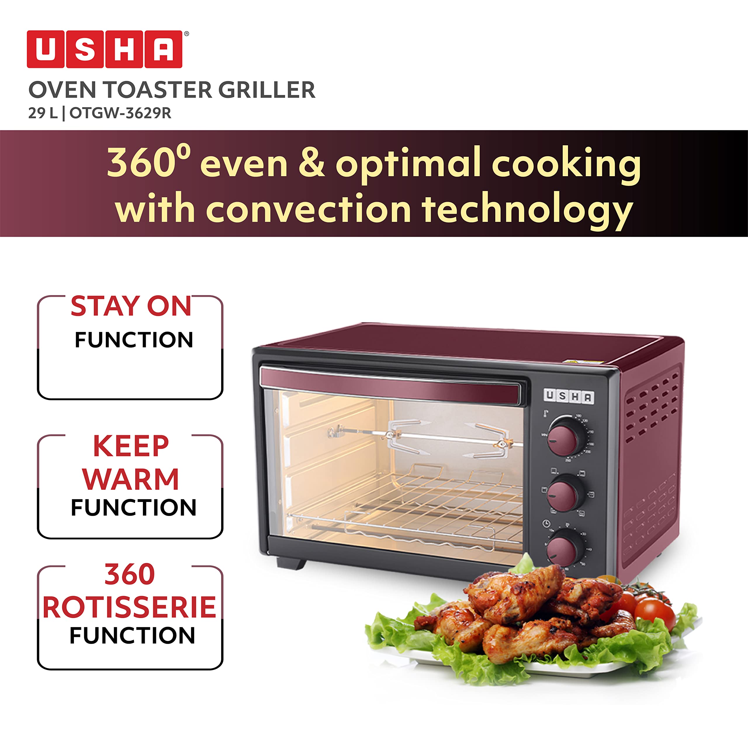 Usha 3629R 29L Oven Toaster Grill with Rotisserie and Convection, 1600 W, 6 mode Heating Function(Wine & Matte Black)