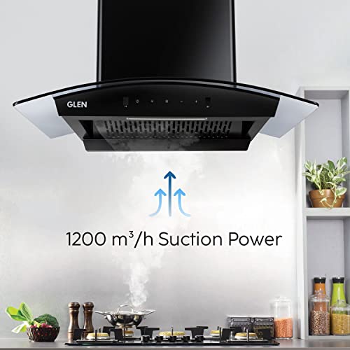 Glen Auto Clean Curved Glass Filter less Kitchen Chimney, with Motion Sensor 60cm, 1200 m3/h, Black, 1 Year on product and 5 Year on motor BY GLEN (6058 BL Auto Clean)