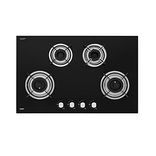 KAFF HBR 804 Built-in Hobs 4 Burners, Auto Electric Ignition Glass Top, 80 CM, Powerful Brass Burners, 8 MM Thick Toughened Glass, Enamelled Matt Grills (Black)