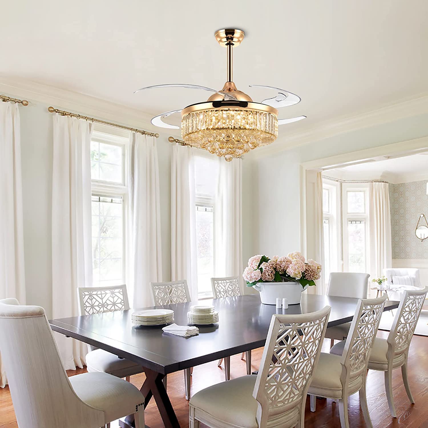 oltao Picola Gold Chandelier Fan with BLDC Motor, LED Light, Noiseless Retractable Blade, Summer/Winter mode And Remote