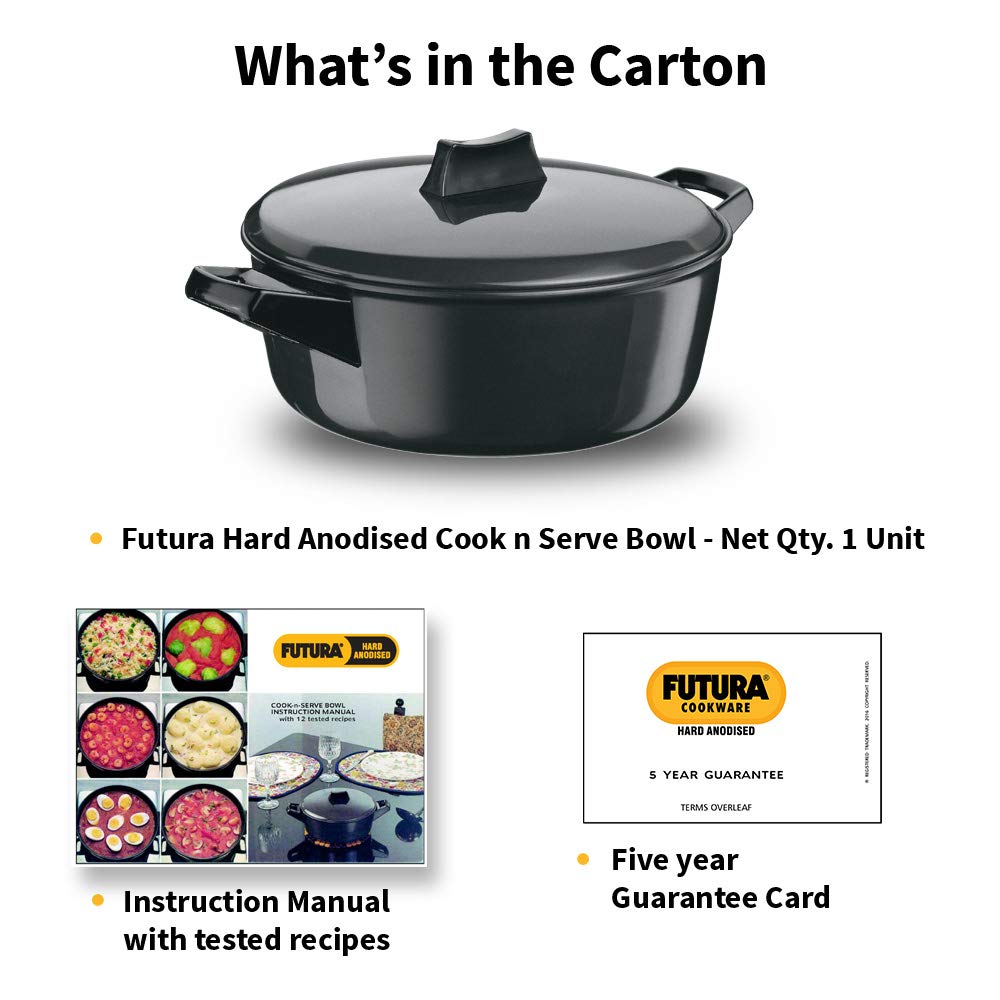 Hawkins Futura 3 Litre Cook n Serve Bowl, Hard Anodised Saucepan with Hard Anodised Lid, Induction Pan, Sauce Pan for Cooking and Serving, Black (IACB30) (Aluminium)