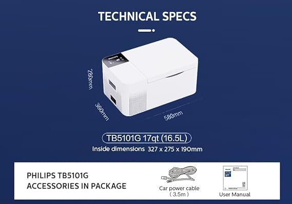 Philips TB5101 Car Thermal Box: 16.5L Car Refrigerator, 12/24V DC Fridge, Portable Freezer with Compressor for Road Trips, Travel & Home Use