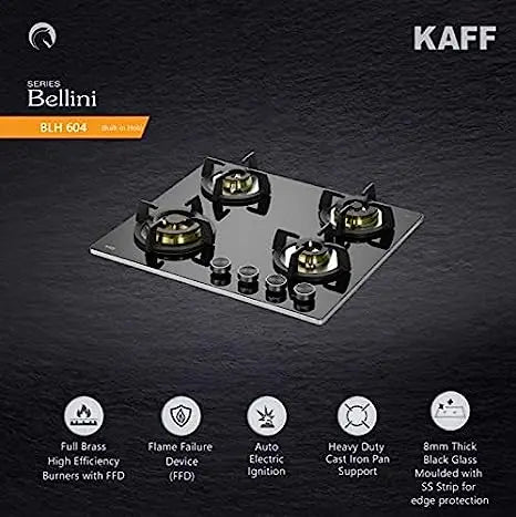 Kaff Bellini BLH 604 hob with icons for brass burners with FFD, auto ignition, cast iron pan support and 8 mm glass